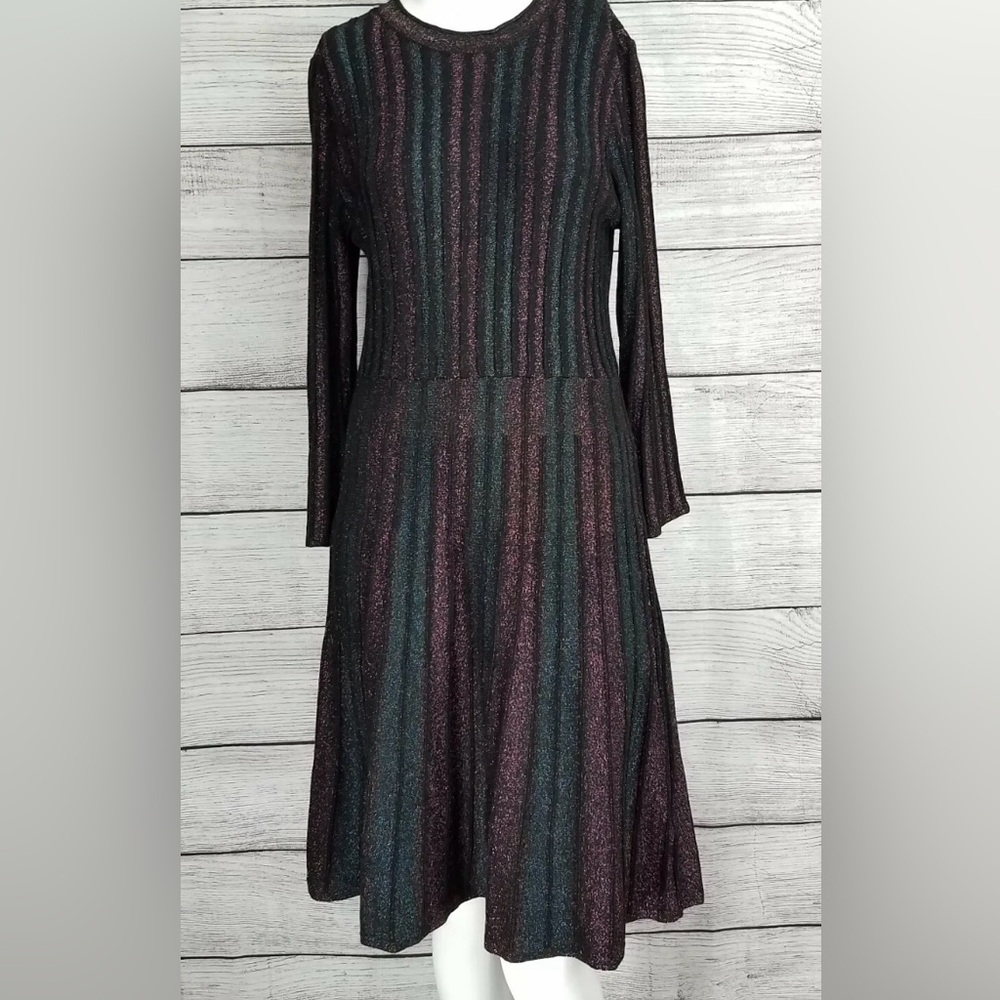 Nanette Lepore Metallic Striped Rib Knit Fit and Flare Sweater Dress Large